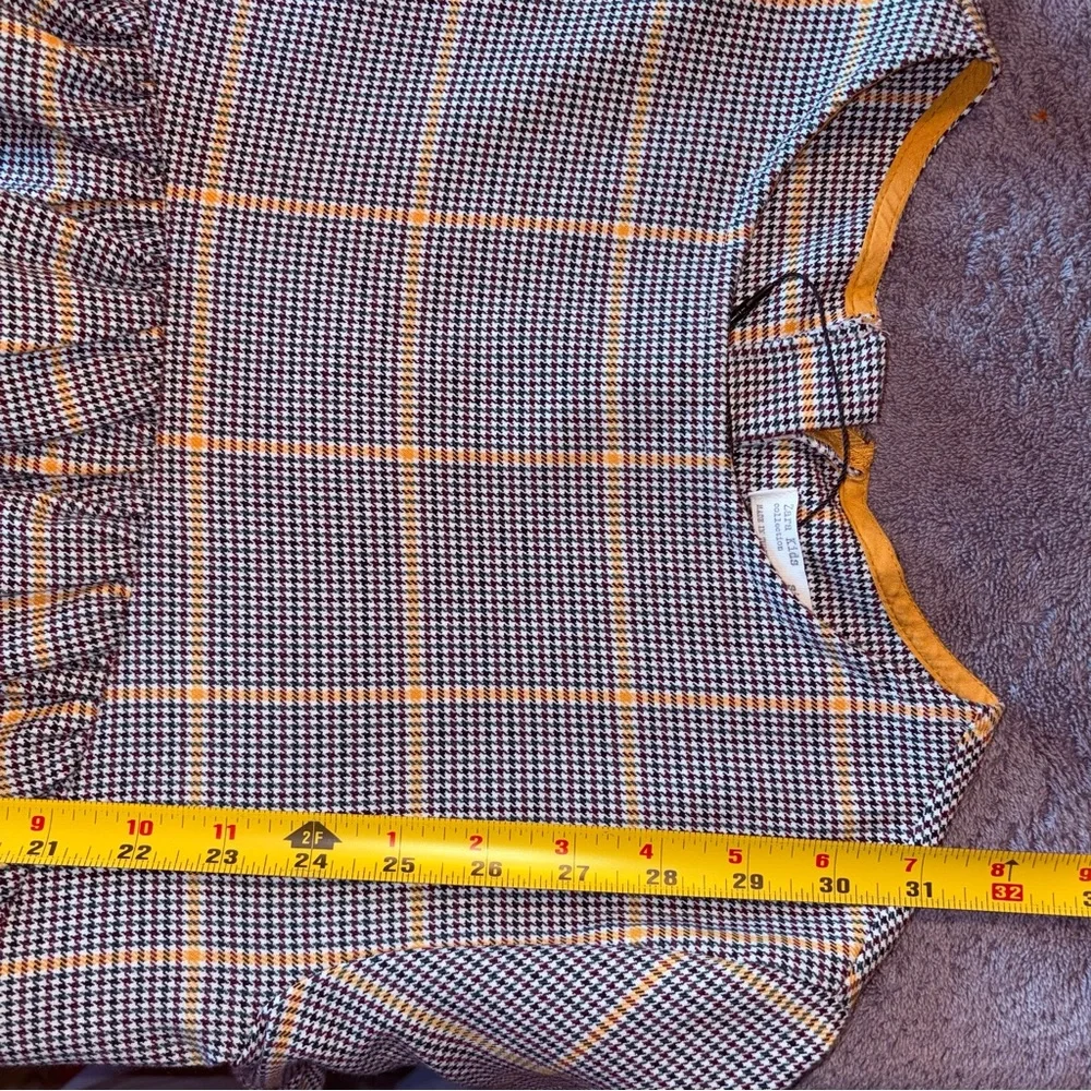 Zara Girls Houndstooth Checked Plaid Bell‎ Sleeve Dress Size 13/14 Mustard/Grey